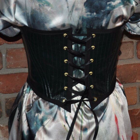 Back & Front Lace-up Corset Belt Dark Shiny Green Faux Leather W/ Boning XS - Picture 8 of 9